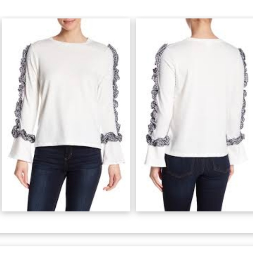 BLVD Gingham Print Ruffle Trim Tee M